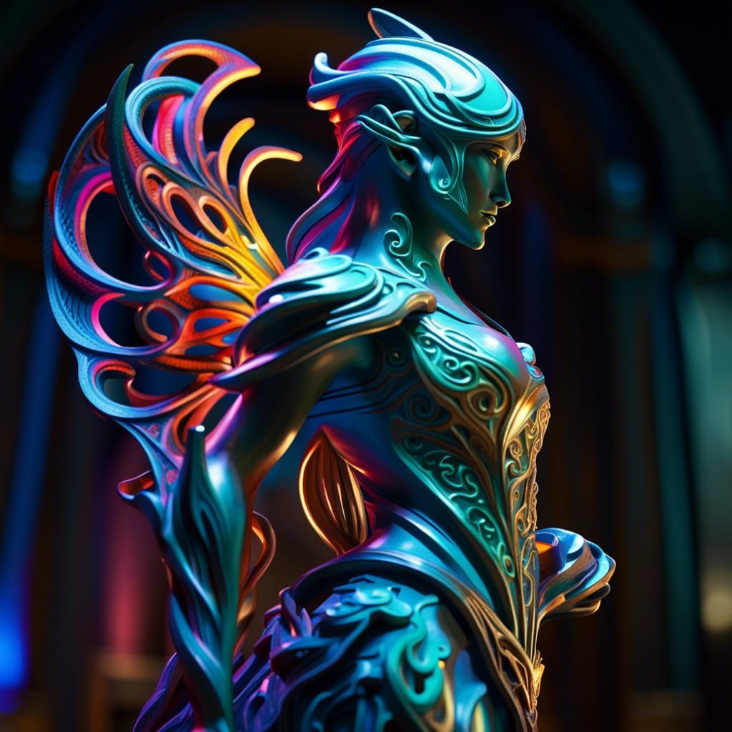 Warframe Statue with Vorticism and Fairycore Elements