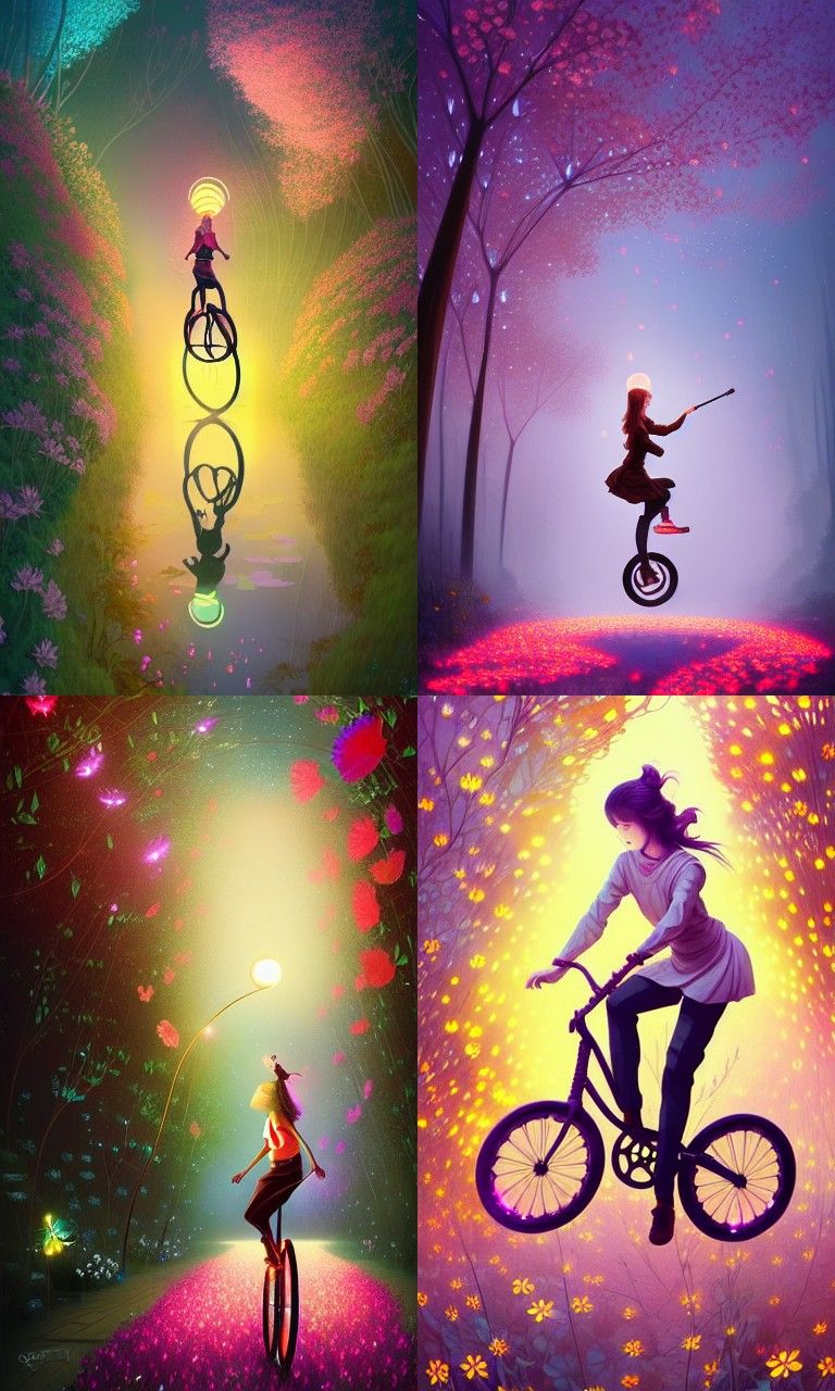 Unicyclist in Firefly Garden: Cel-Shaded Surrealism
