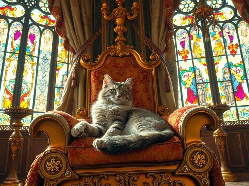 Regal Cat Lounging on Golden Throne in Palace