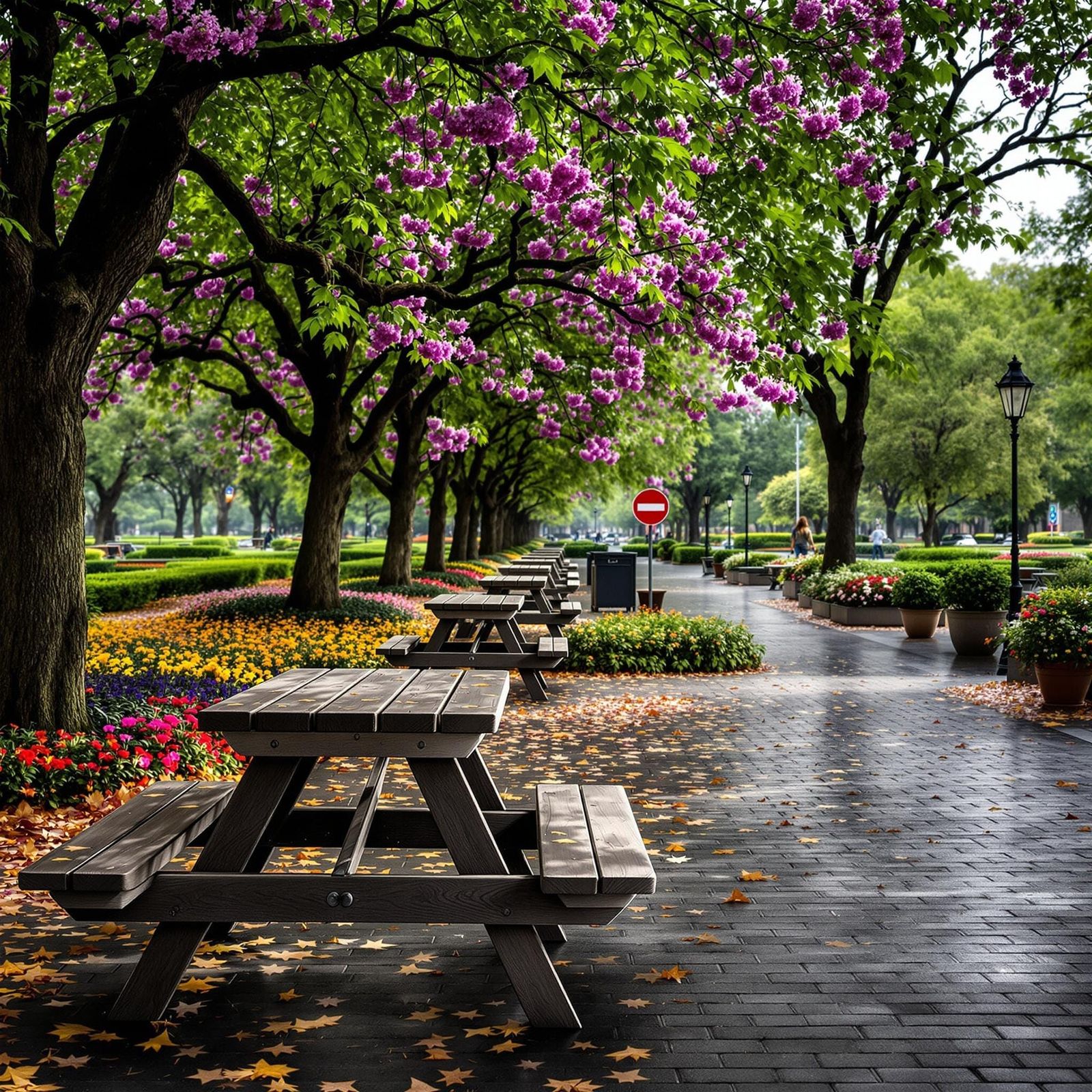 Hyperrealistic City Park Scene with Picnic Tables