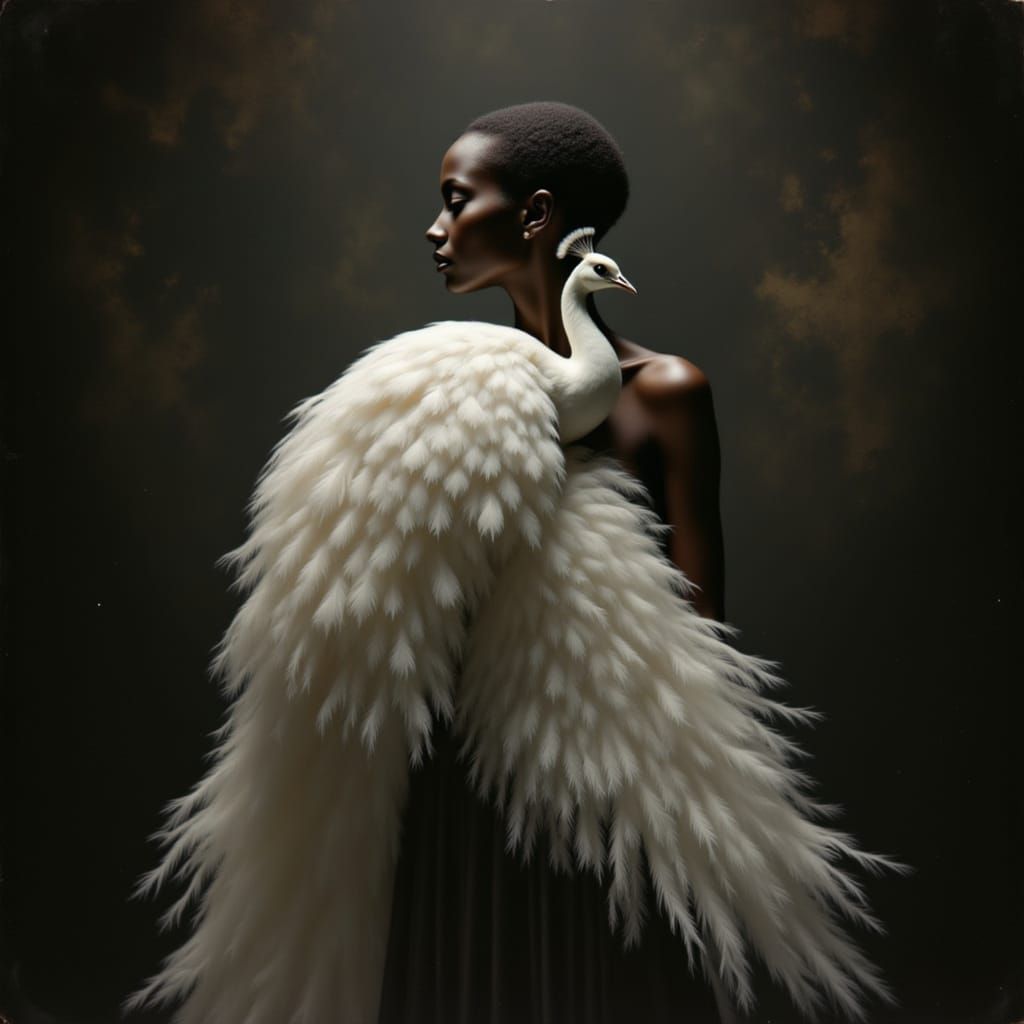 Woman Holding White Peacock in Oil Painting Style