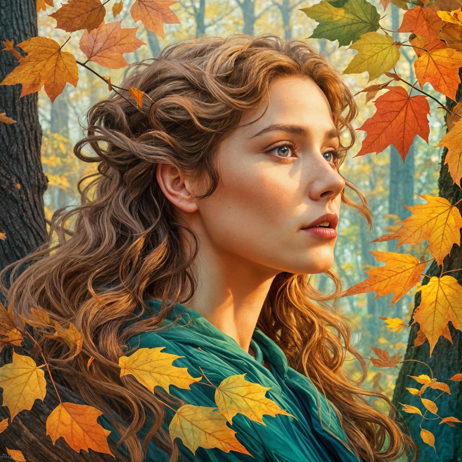 Autumn Portrait of Smiling Girl with Wavy Hair