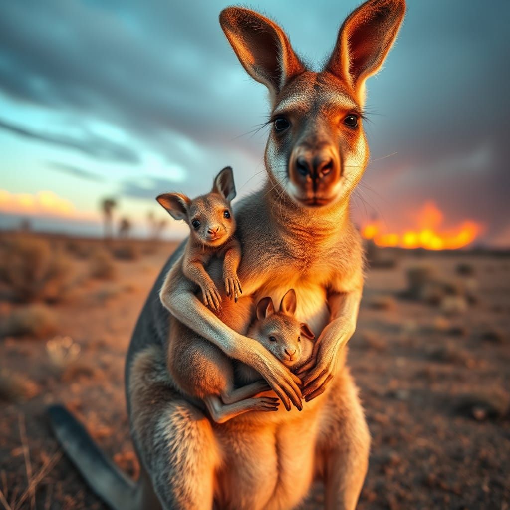 Kangaroo Escaping Australian Fire With Animal Friends