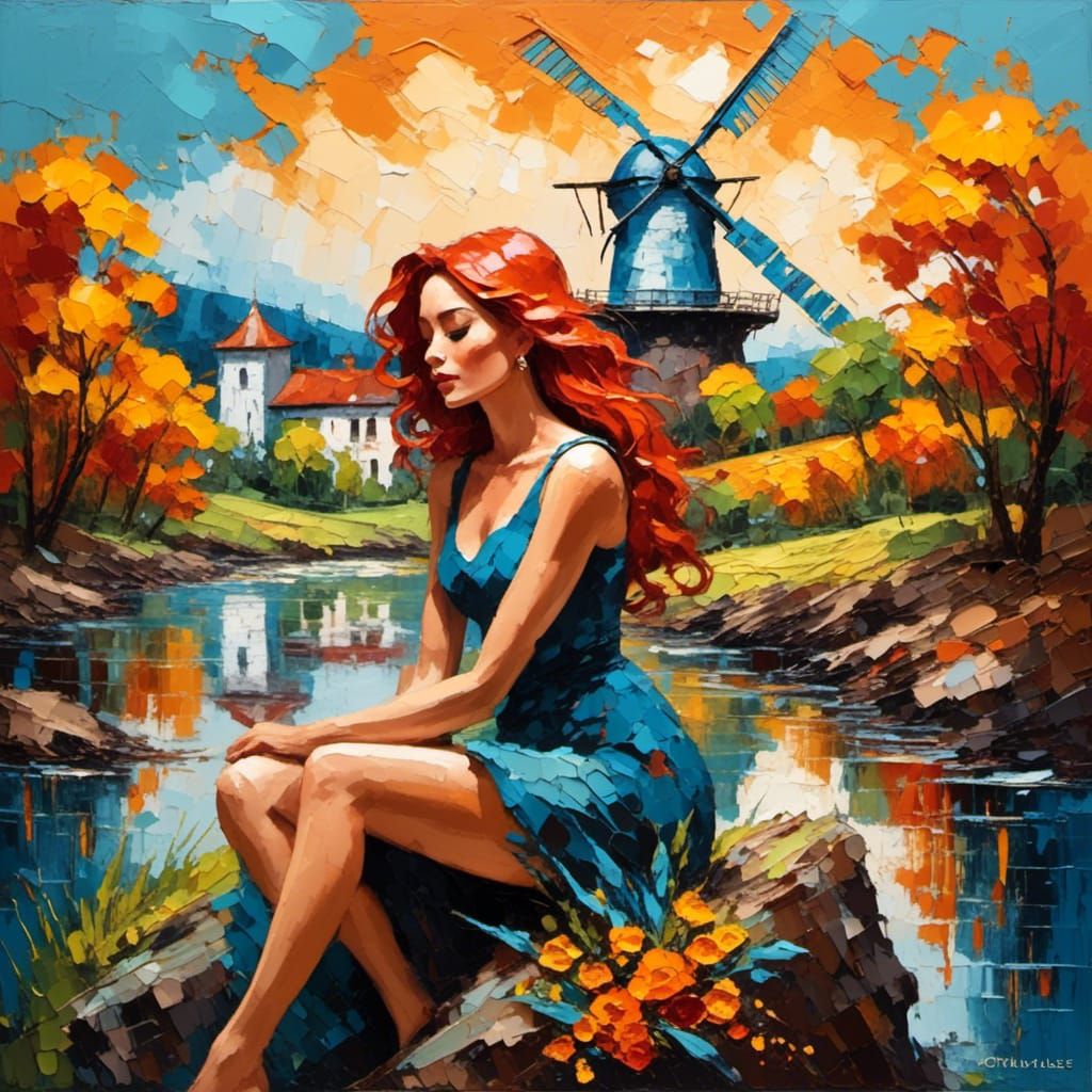 Redhead Woman by River: Neo-Impressionist Painting