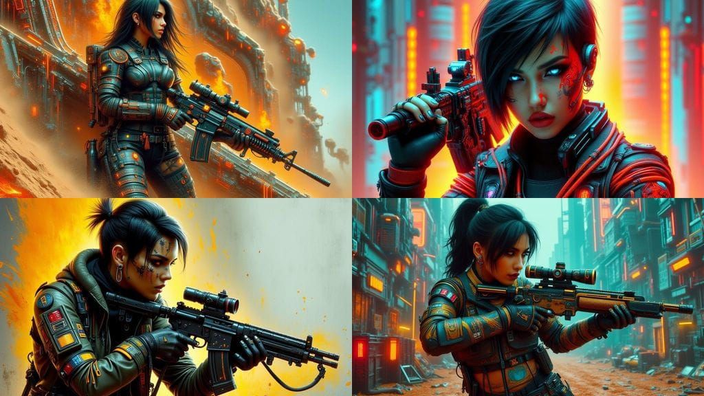 Female Soldier Aims Rifle in Cyberpunk Style