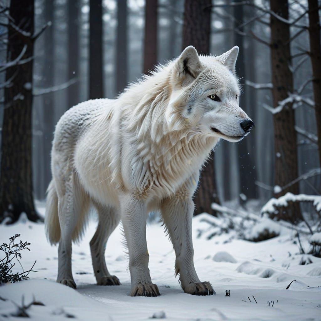 "The white wolf moves like a ghost through the snowy wilderness, its fur as pure as freshly fallen snow and eyes sharp a...