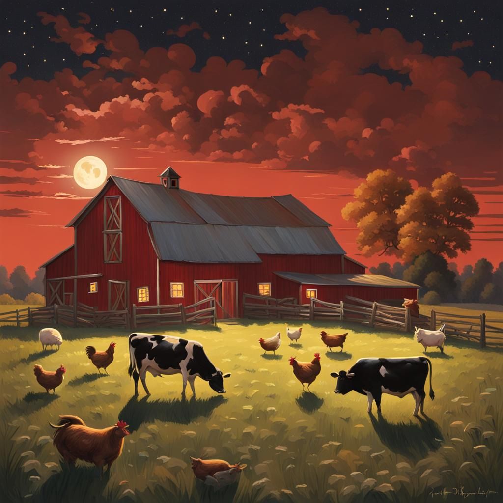 Moonlit Barnyard Scene at Night