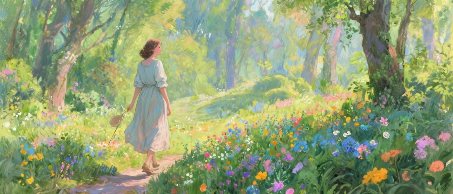 Woman's Serene Nature Walk in Vibrant Forest