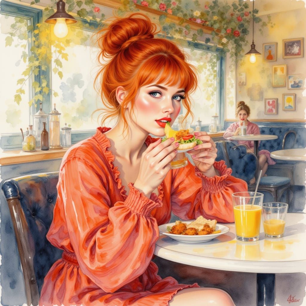 Woman in Boho Outfit Enjoys Sandwich in Cozy Diner