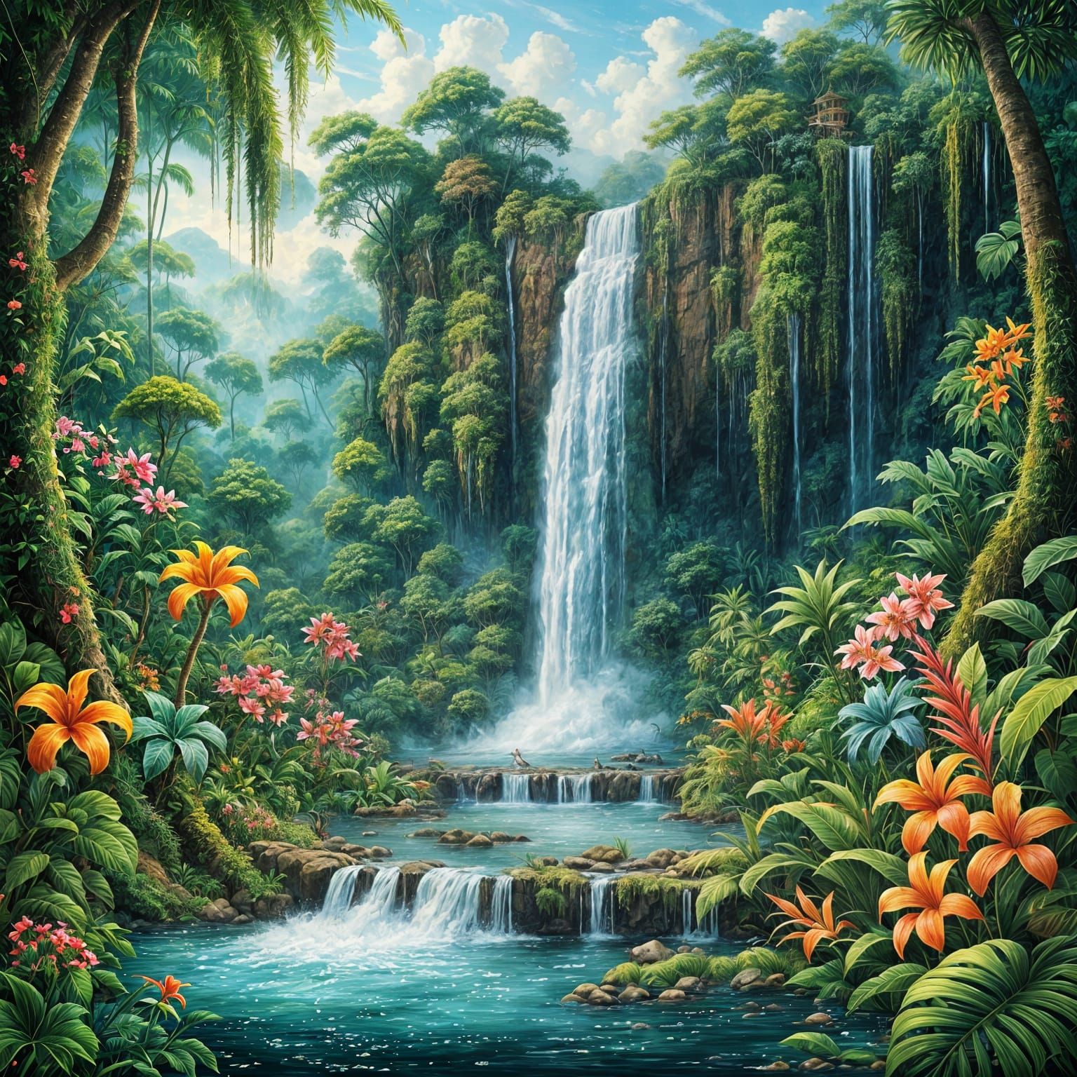 Lush Jungle Waterfall Fantasy Painting