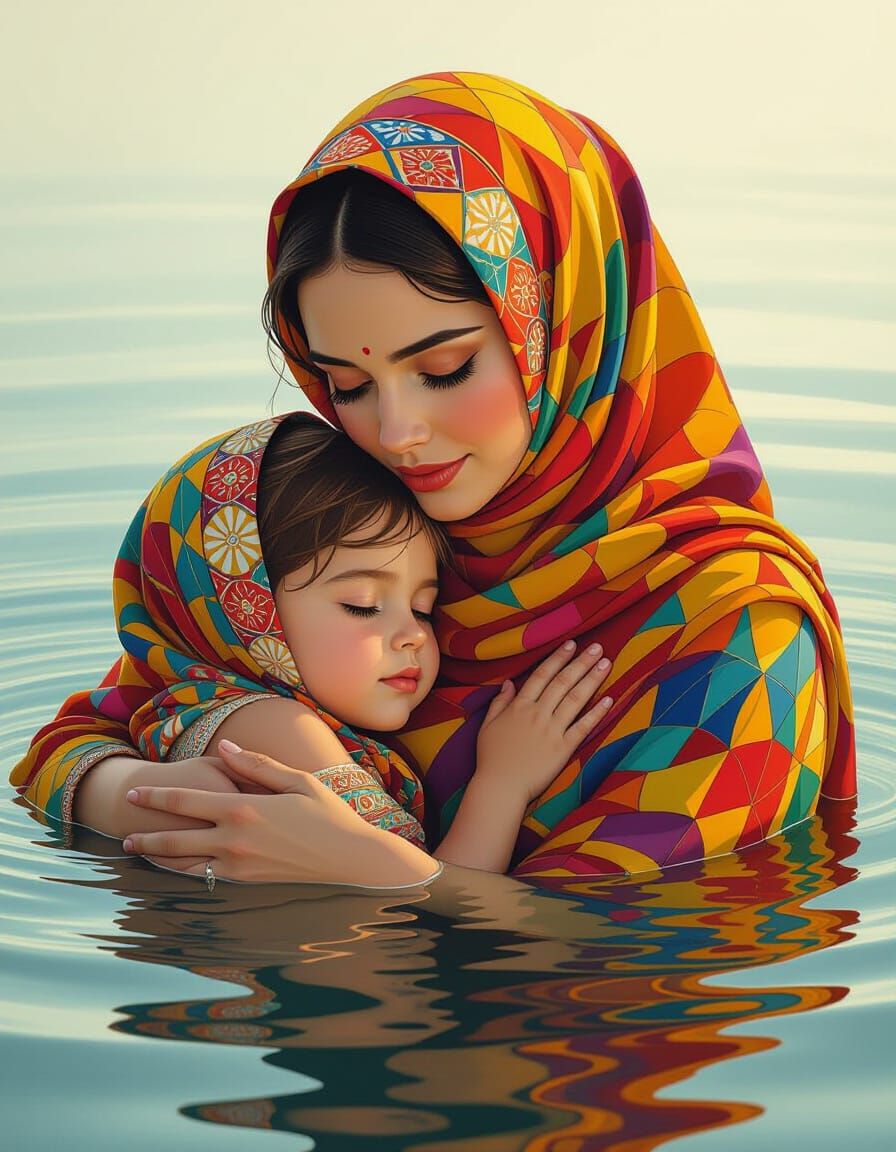Mosaic Mother and Child in Hyperrealistic Style