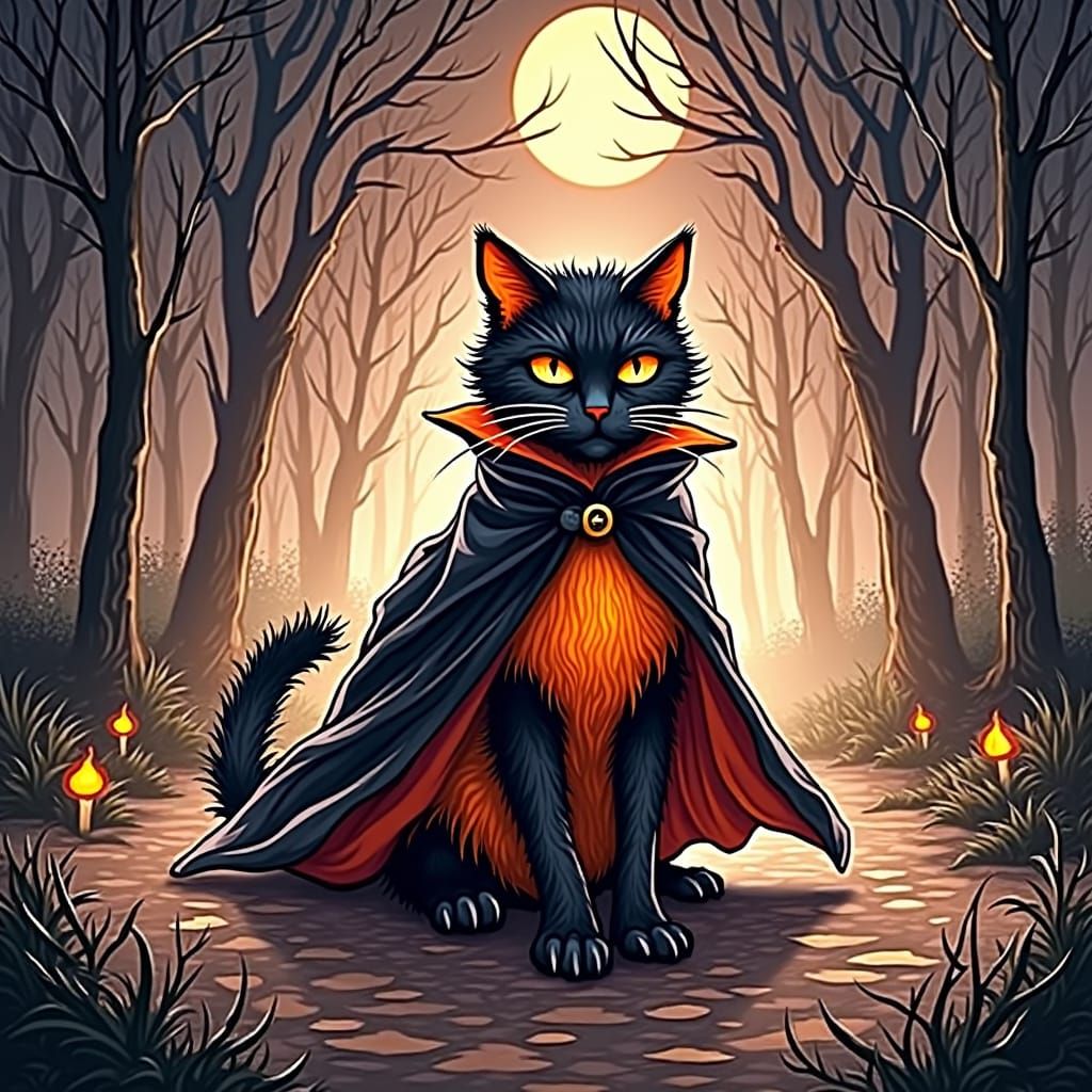 Enchanting Warlock Cat in Gothic Anime Style