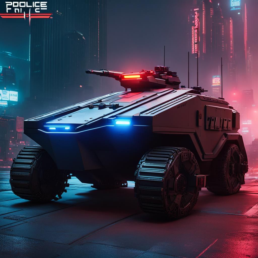 Cyberpunk Police Armored Vehicle in Neon City