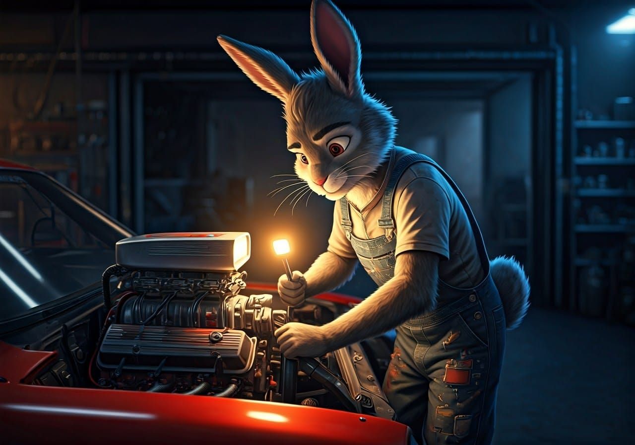 Rabbit Mechanic Tunes Up High-Speed Car in Garage