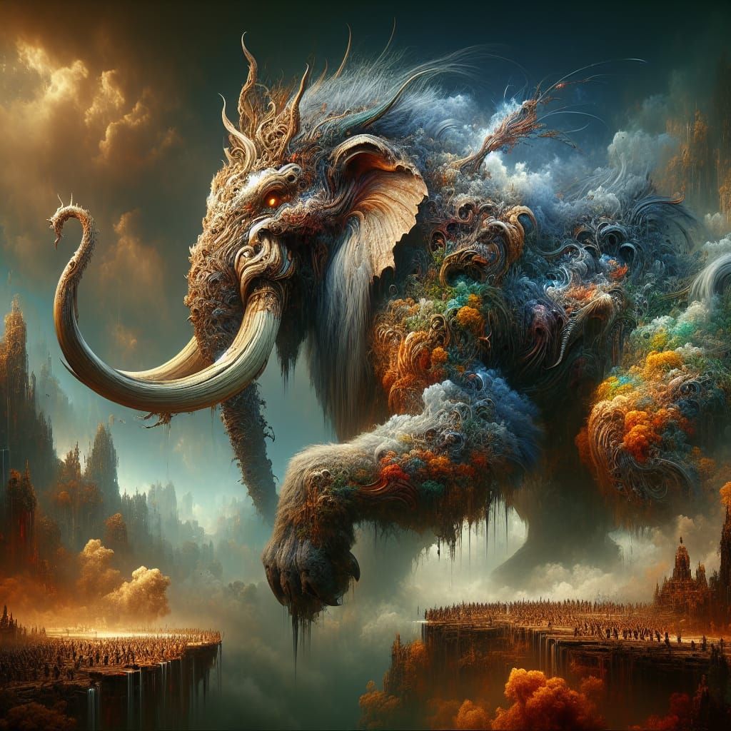 Terrifying Elephant-Lion Hybrid Monster in Matte Painting St...