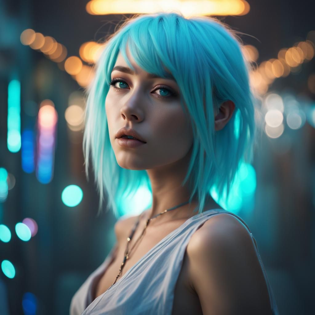 Enchanting Mysterious Girl with Cyan Hair
