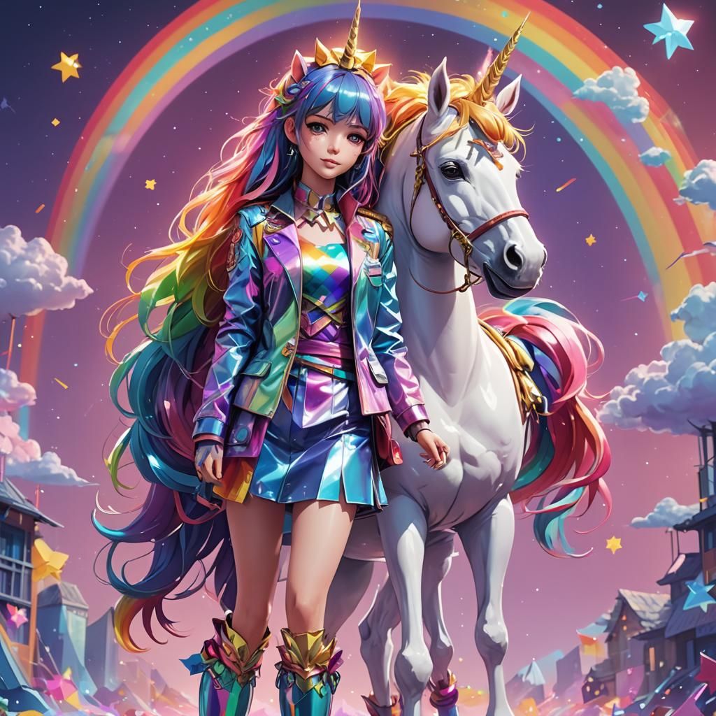 Rainbow Girl and Unicorn in 3D Anime Style