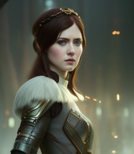 Insanely detailed closeup Full-body color portrait of gorgeous Byzantine Karen Gillan as Miranda Lawson from Mass Effect...