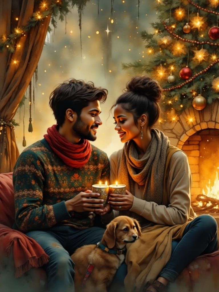 Romantic Couple by the Christmas Tree in a Cozy Winter Scene