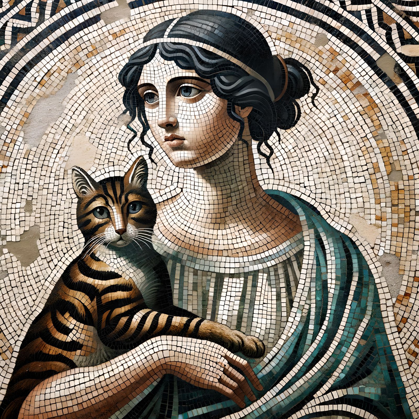 Ancient Roman Mosaic Featuring Woman with Cat