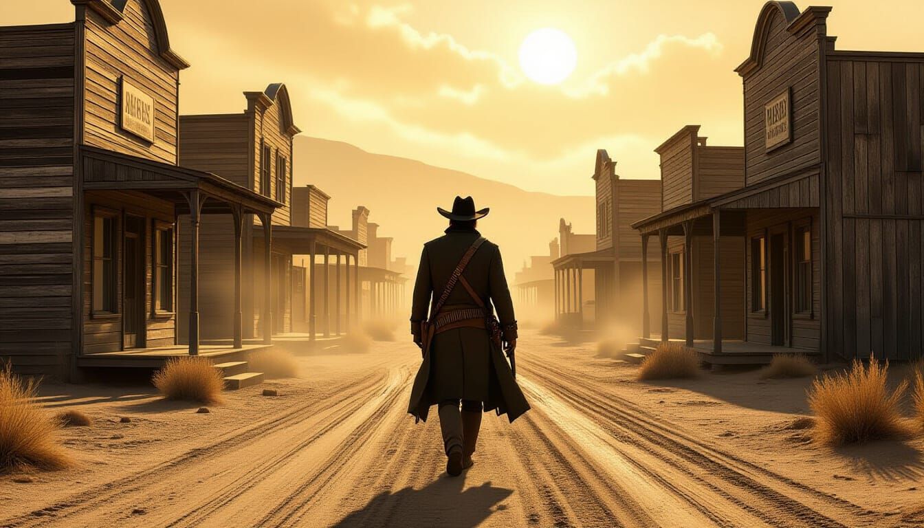 Gunslinger in Ghost Town: Cinematic Western Scene