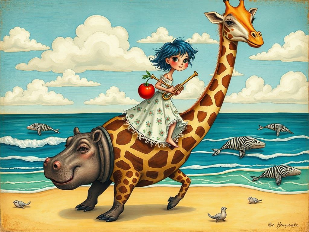 Whimsical Girl Rides Hybrid Animal on Sunny Beach