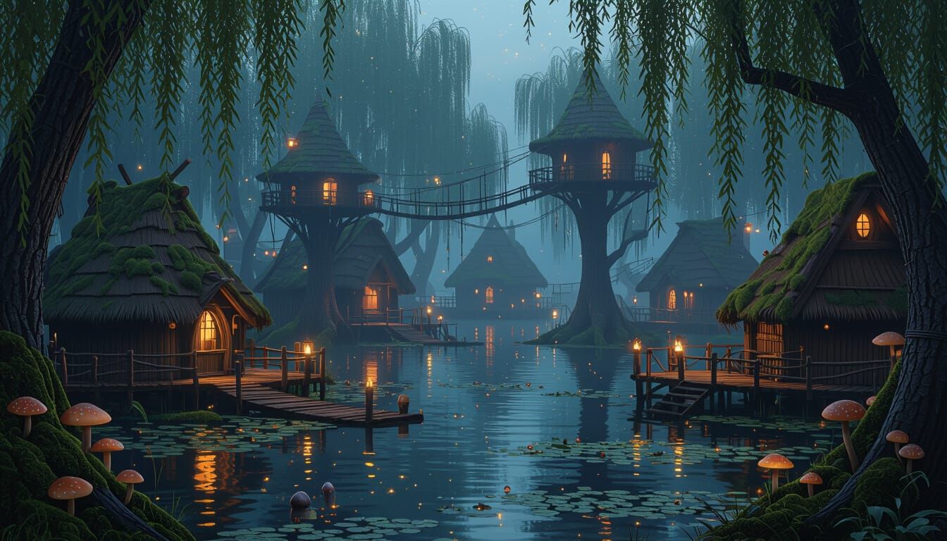Mystical Swamp Village at Dusk in Dark Fantasy Style