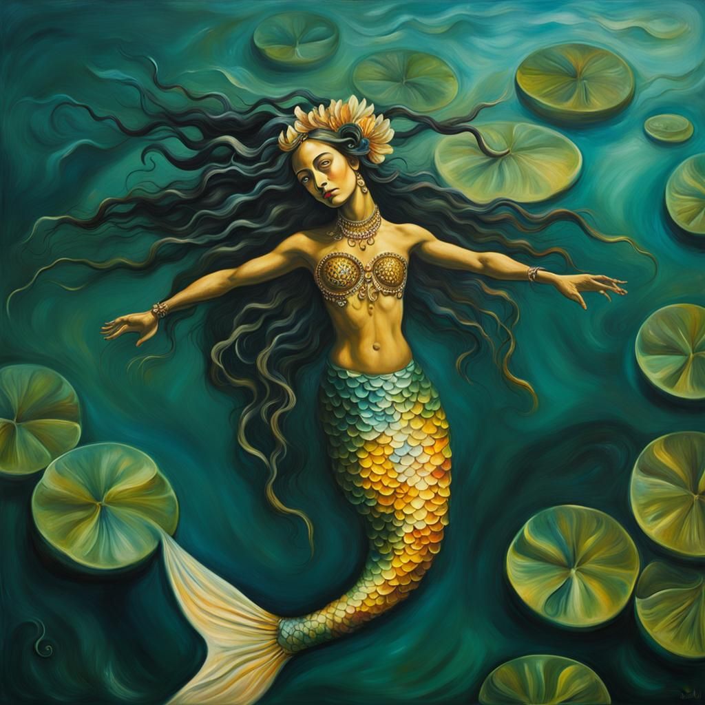 Native Brazilian Mermaid in Amazon River, Surreal Oil