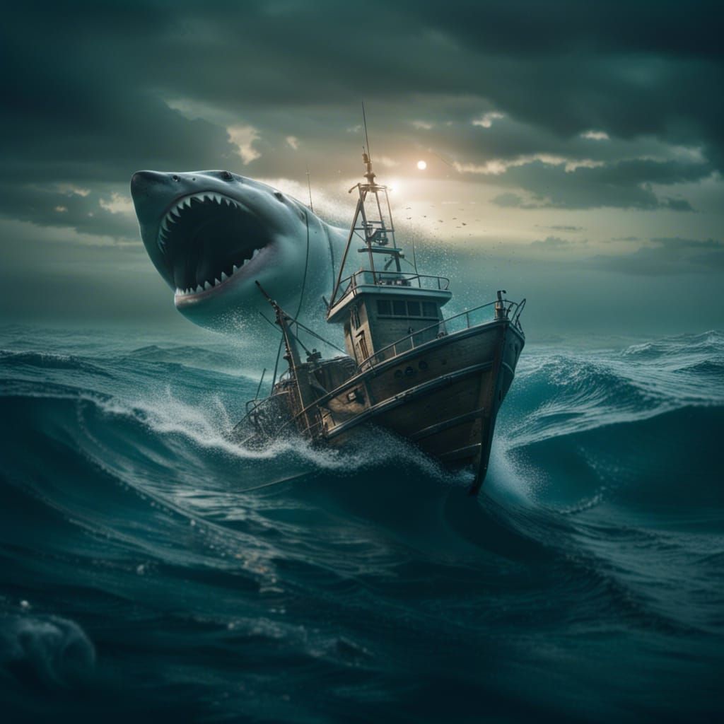 Great White Shark Attacks Fishing Boat: Digital Painting