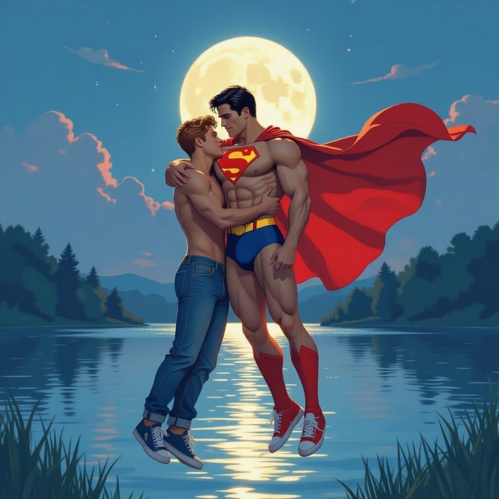 Superman and Jimmy Olsen Soaring Over Lake