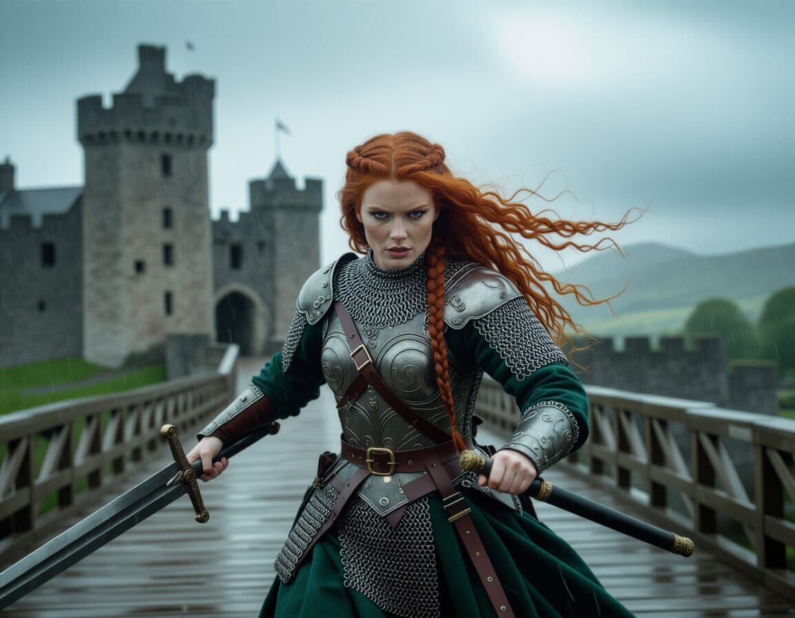 Fierce Highlander Woman Charging with Claymore