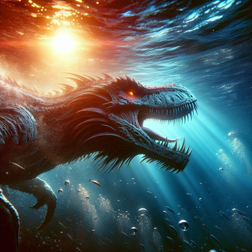 Dinosaur-like Sea Creature in Hyperrealistic Splash Art