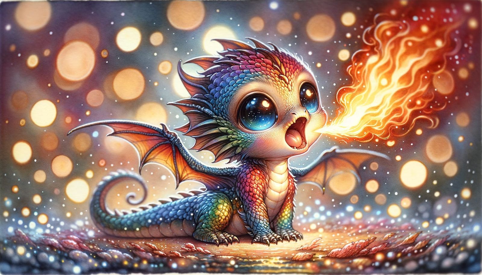 Charming Rainbow Dragon Roaring Fire in Chibi Style