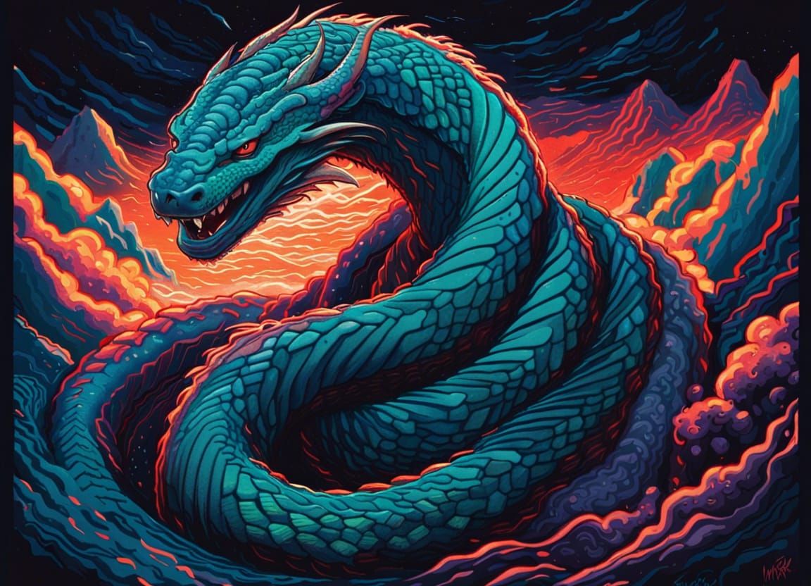 Jörmungandr Emerges: Vibrant Pen Illustration