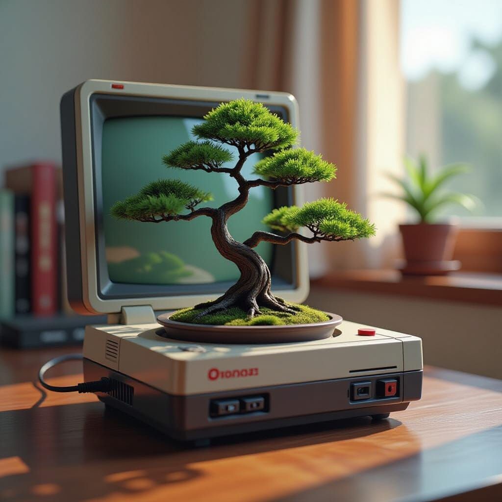 Bonsai Tree in Vintage Console, Digital Art