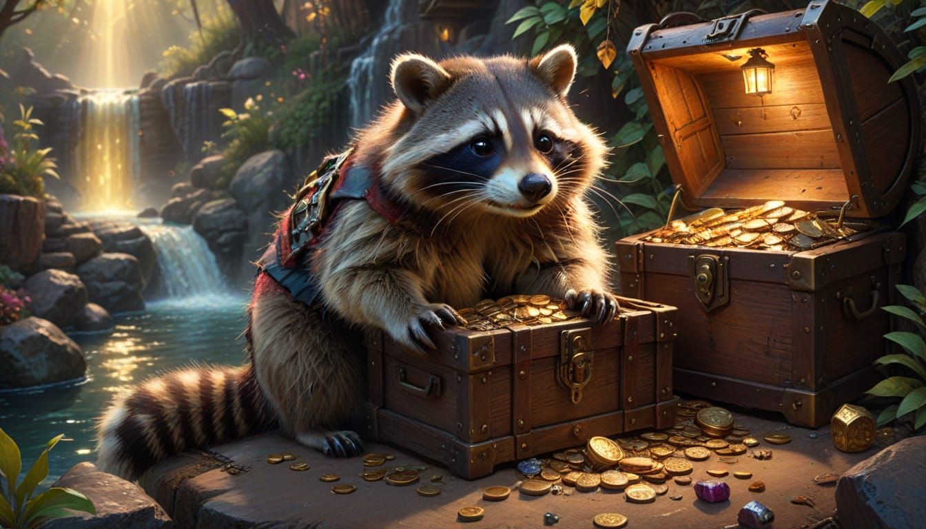 Raccoon Pirate Guards Treasure Chest in Fantasy Painting