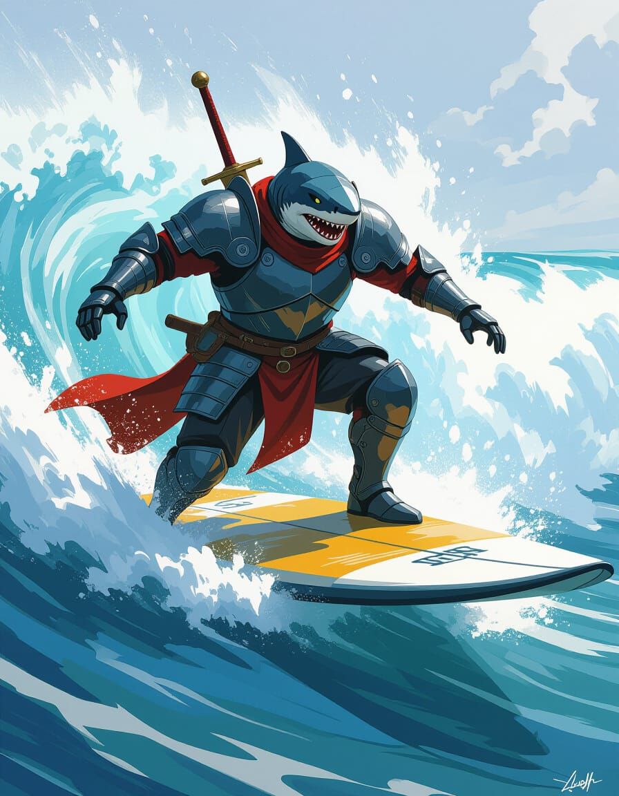 Shark Knight Surfs Turbulent Waves in Futuristic Armor