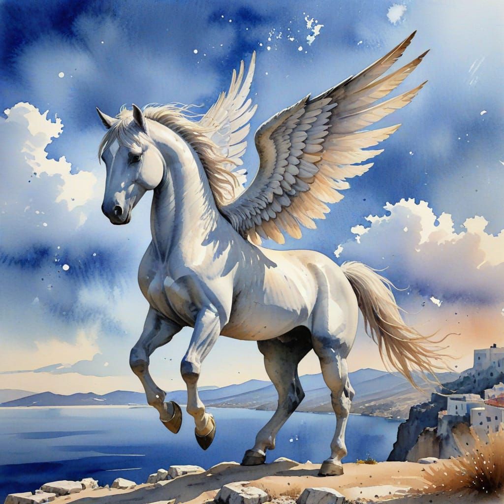 Watercolor Pegasus in Ancient Greek Landscape