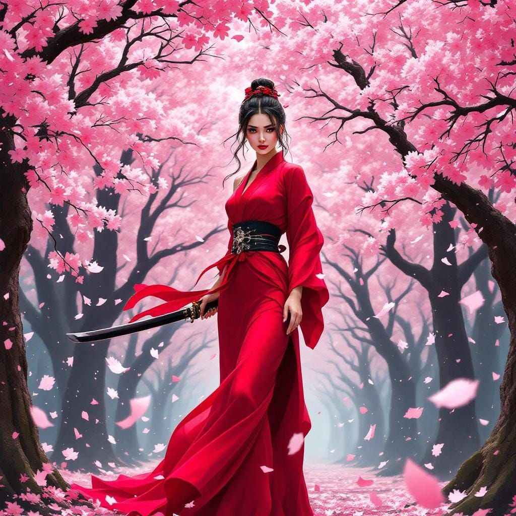 Elegant Samurai in Cherry Blossom Grove: Digital Art