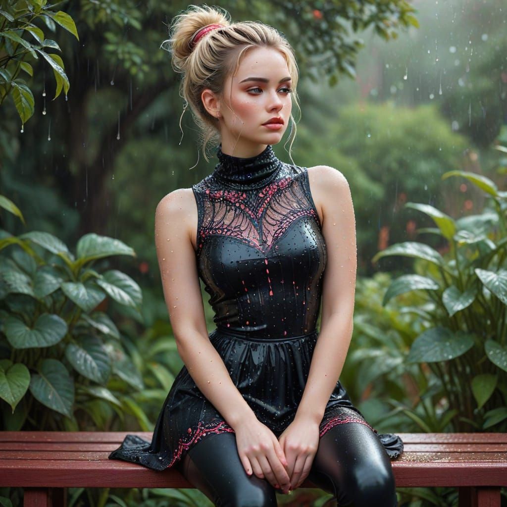 Pensive Woman in Rainy Garden, Zentangle Style