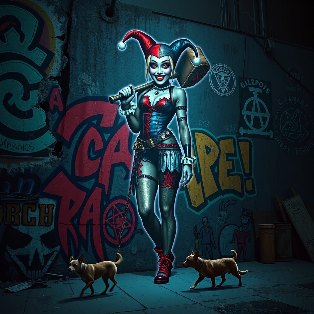 Hyperrealistic Harley Quinn Projection in Dystopian Cityscap...