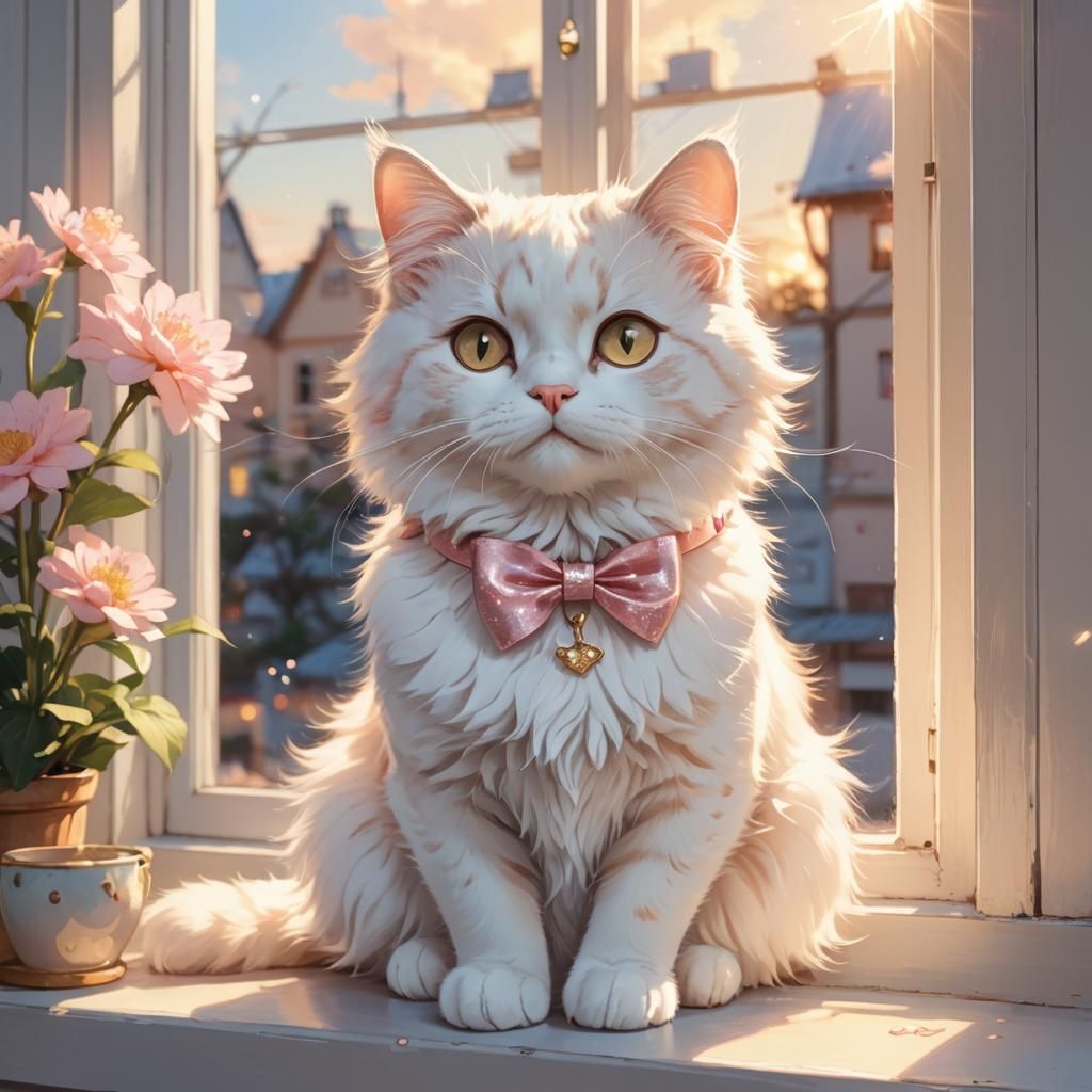 Anime Cat with Bow on Windowsill in Digital Art