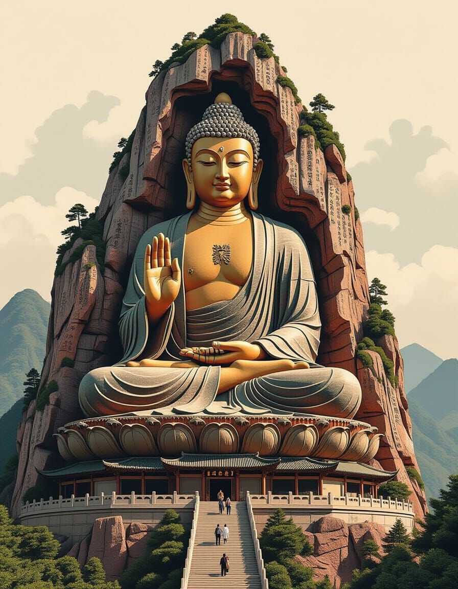 Mountain Buddha Sculpture with Ink and Textures