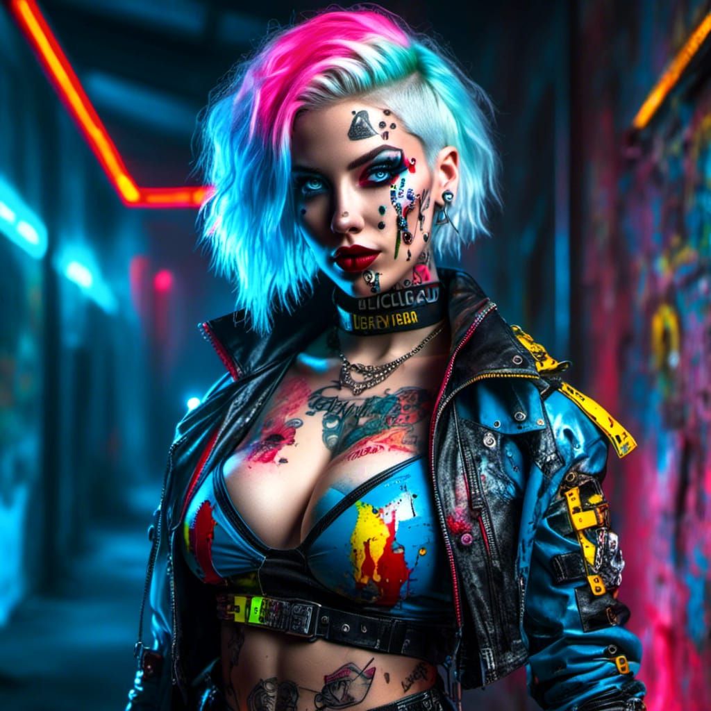 Cyberpunk Harley Quinn with Neon Tattoos in Dystopian City
