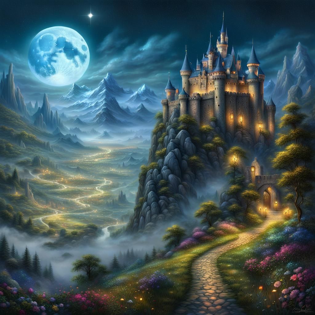 Epic Castle in Grassy Landscape Under Moonlight
