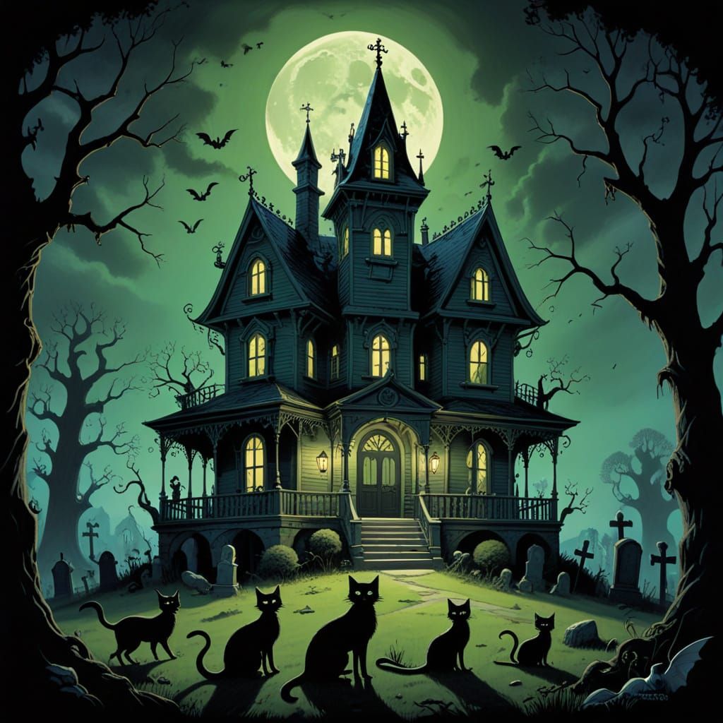 Whimsical Gothic Family Portrait Under Eerie Moonlight