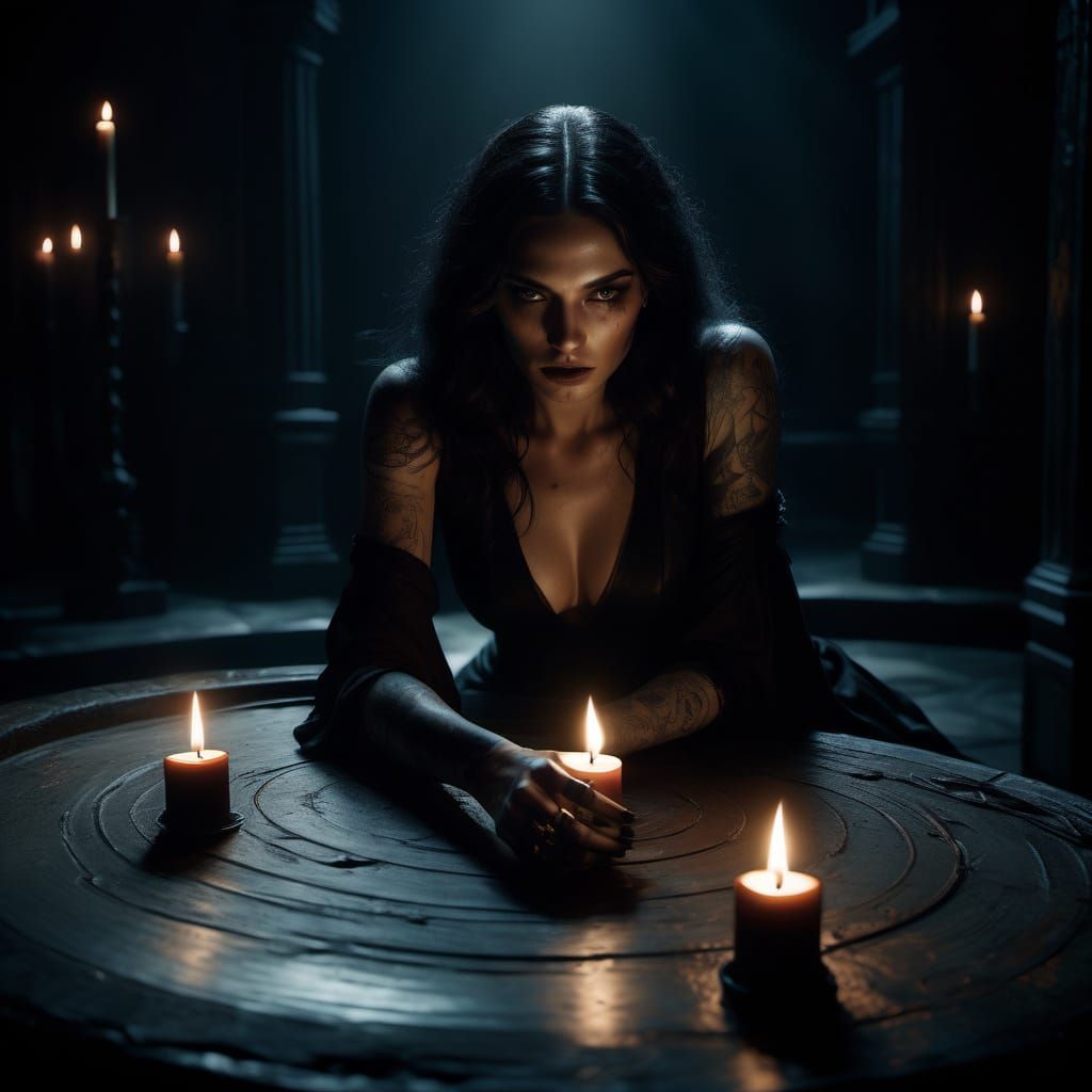 Mysterious Young Witch in a Dimly Lit Chamber