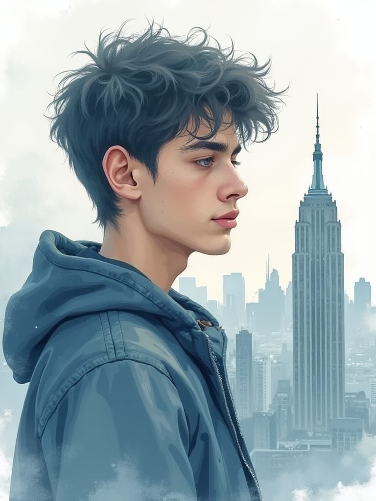 Watercolor Portrait of Young Man with NYC Skyline