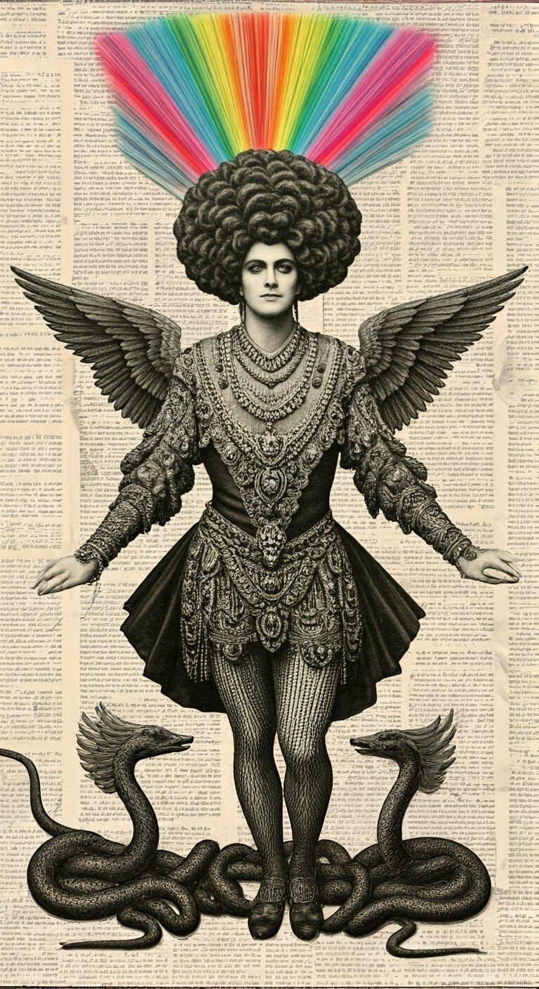 Dada-Inspired Collage of Androgynous Figure with Serpents