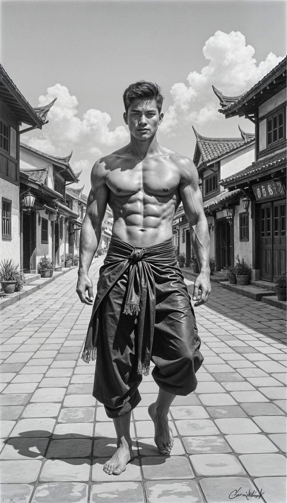 Gay Man Dancing in Village Square, Black and White Art